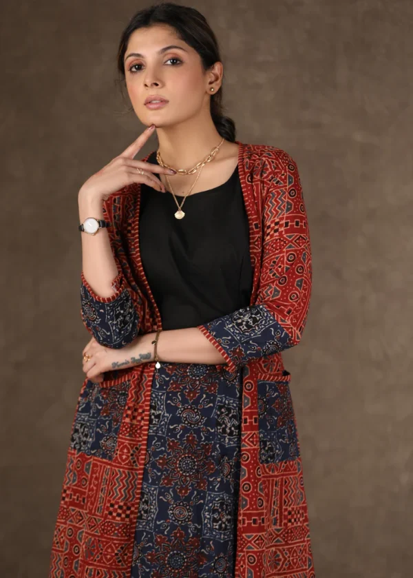 CHIQUE MAROON AJRAKH LONG SHRUG WITH FITTED SKIRT AND INNER - 3 PIECE (SHRUG, INNER & FITTED SKIRT SET)