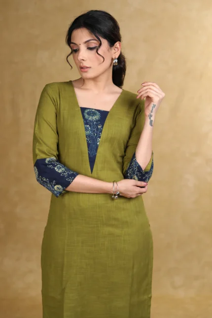 CLASSY MOSS GREEN COTTON KURTA WITH BLUE FLORAL COMBINATION