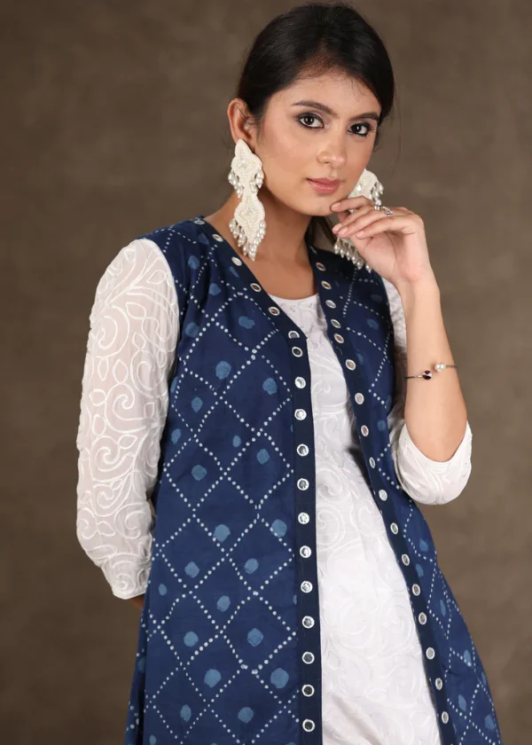 CLASSY WHITE SELF-EMBROIDERED KURTA WITH INDIGO MIRROR WORK JACKET & FLOWY SHARARA -3 PIECE (KURTA, SHARARA & JACKET SET)