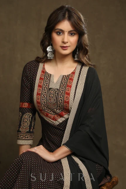 EXQUISITE BLACK COTTON AJRAKH COMBINATION KURTA PANT SET - DUPATTA OPTIONAL