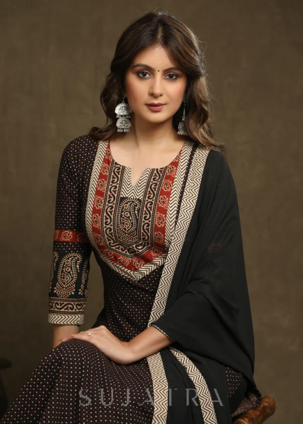 EXQUISITE BLACK COTTON AJRAKH COMBINATION KURTA PANT SET - DUPATTA OPTIONAL