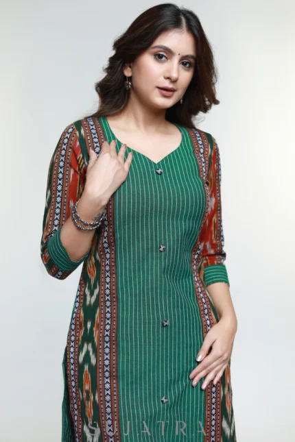 GREEN COTTON IKAT COMBINATION KURTA-PANT OPTIONAL