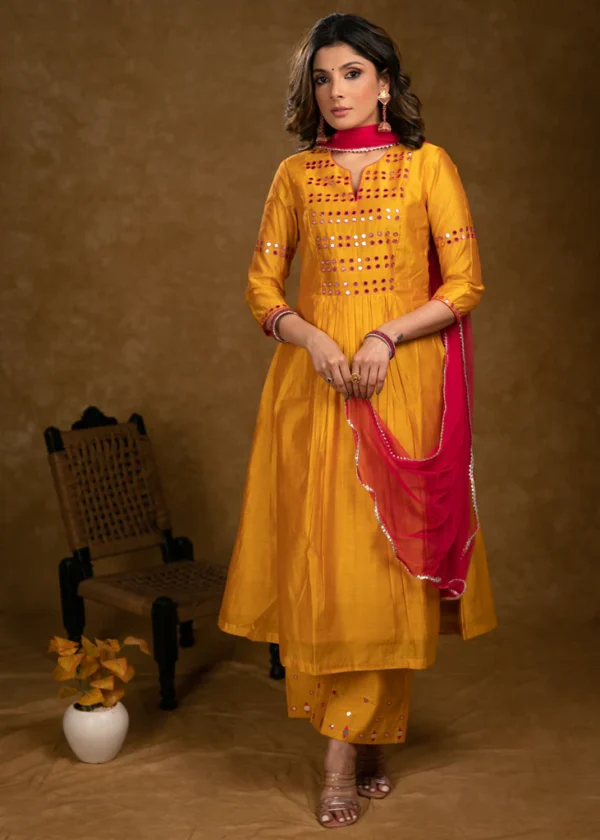 PARTY WEAR MANGO CHANDERI KURTA SET WITH FUCHSIA PINK MIRROR HAND WORK ON YOKE, SLEEVES & PALAZZO - DUPATTA OPTIONAL