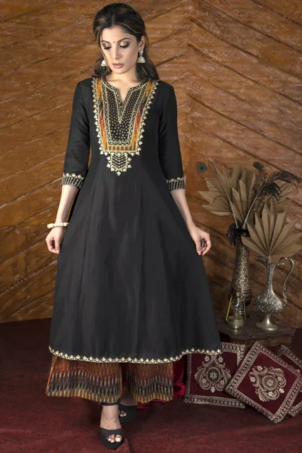 PLAIN BLACK COTTON SILK KURTA WITH HEAVY HAND EMBROIDERED YOKE & IKAT PALAZZO PANTS - DUPATTA OPTIONAL.