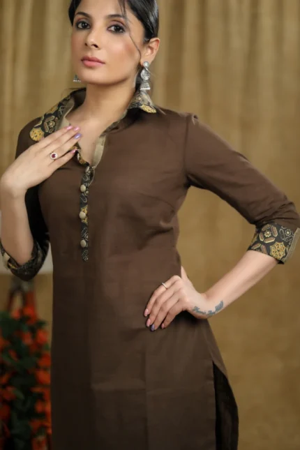 SUMMER WEAR BROWN COTTON SHORT KURTA & PANT CO-ORD SET WITH AJRAKH DETALING - PANT OPTIONAL